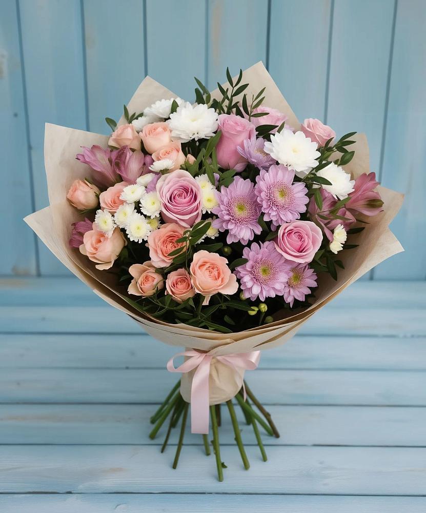 Букет цветов из: Хризантемы, Розы и Альстромерии в Новосмолинский