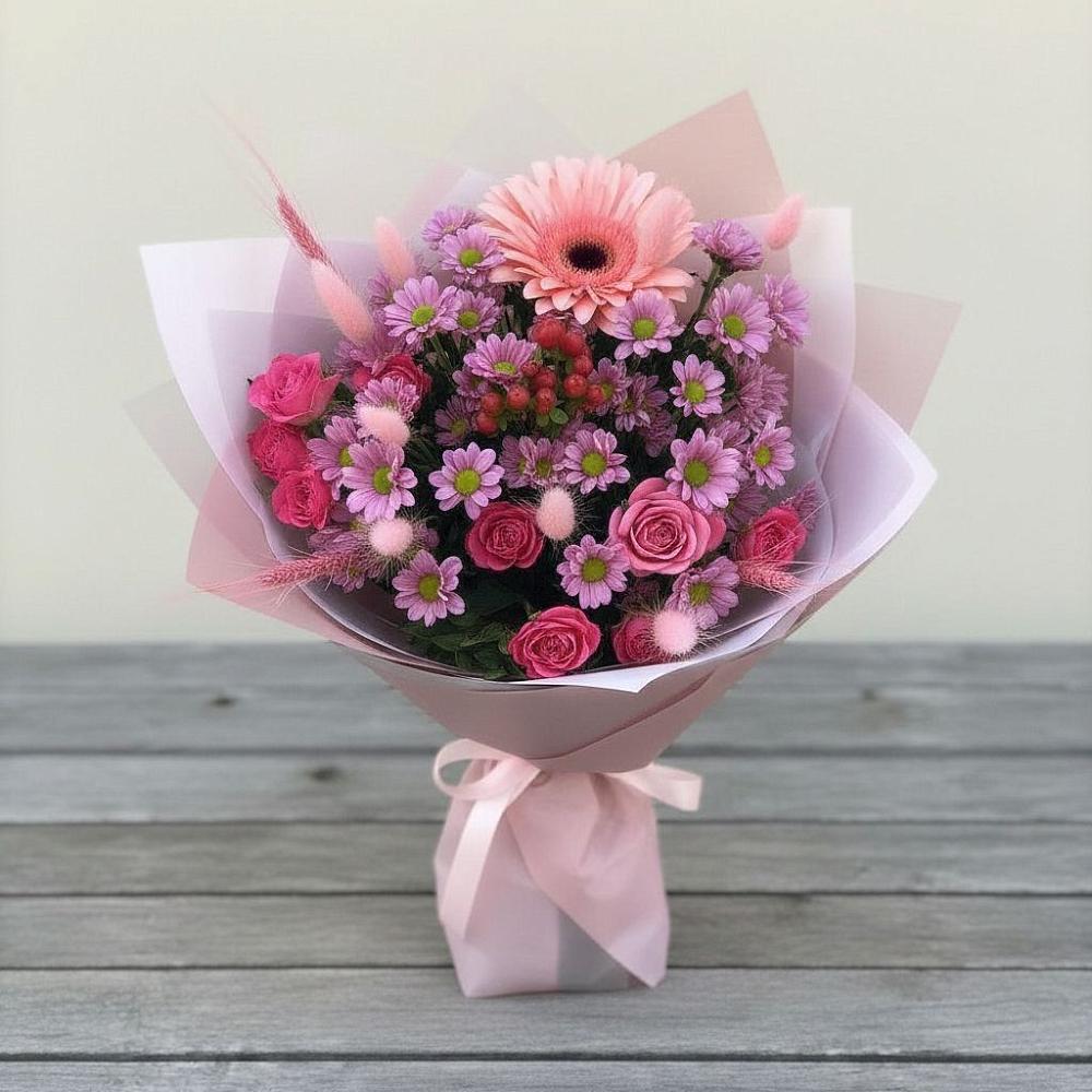 Букет цветов из: Розы, Герберы и Хризантемы в Новосмолинский