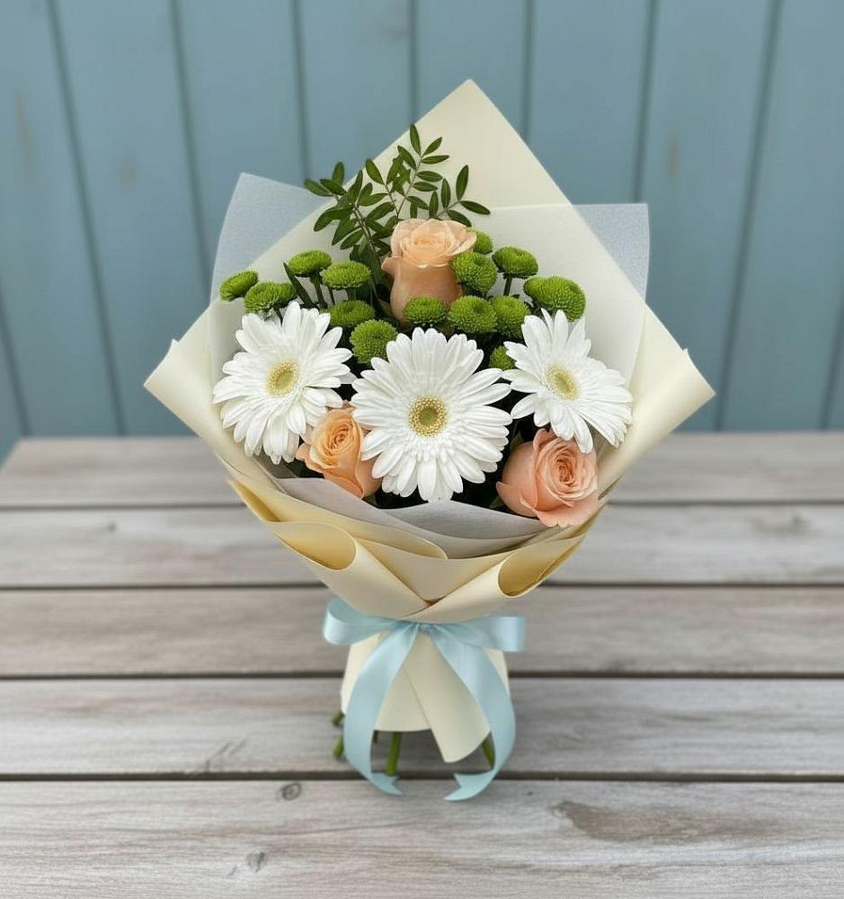 Букет цветов из: Герберы, Розы и Хризантемы в Новосмолинский