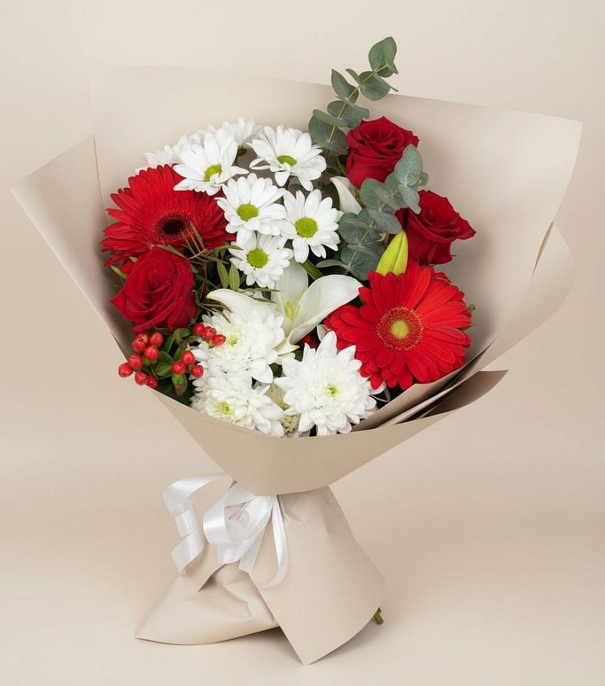 Букет цветов из: Розы, Хризантемы, Герберы и Лилии в Новосмолинский