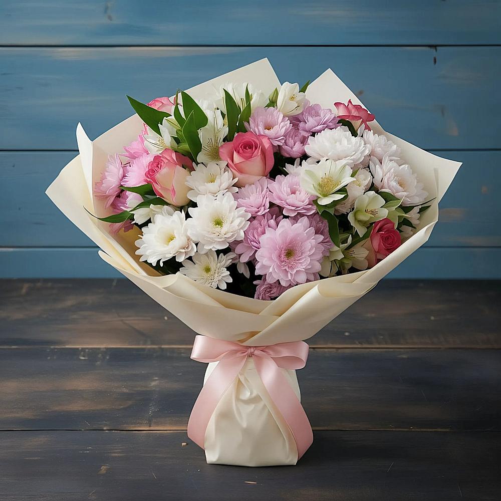 Букет цветов из: Хризантемы, Альстромерии и Розы в Новосмолинский